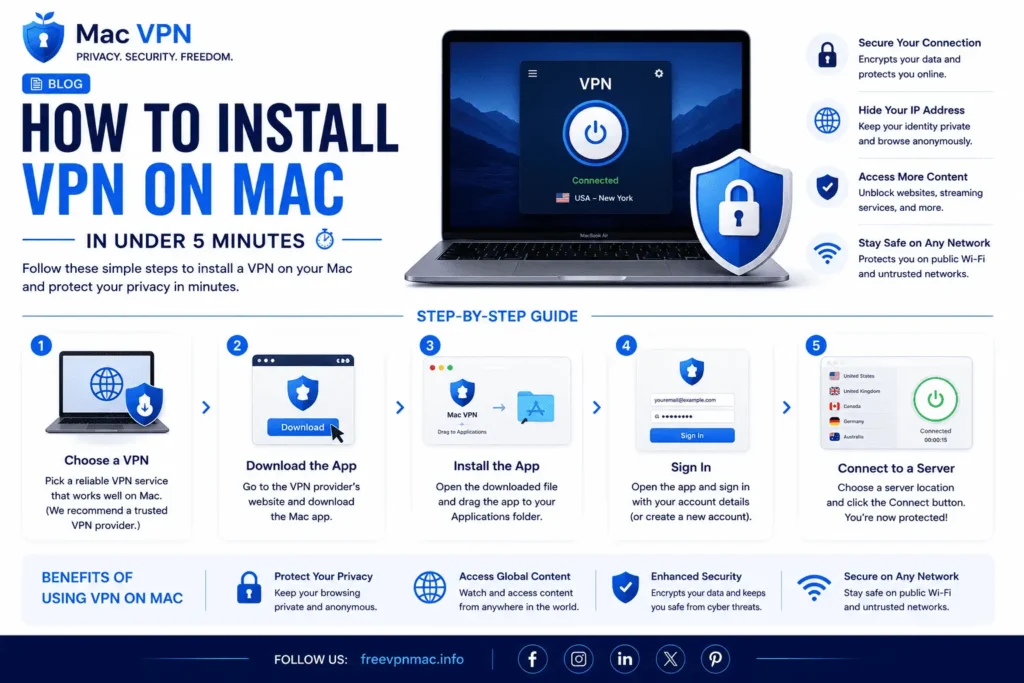 How to install VPN on Mac infographic showing 5 steps from choosing a VPN to connecting to a server on MacBook Air