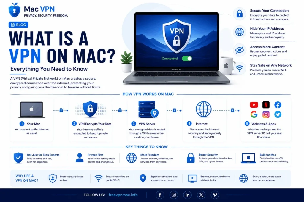 What is a VPN on Mac infographic showing how VPN encrypts data, hides IP address, and secures connection on MacBook Air in 5 steps